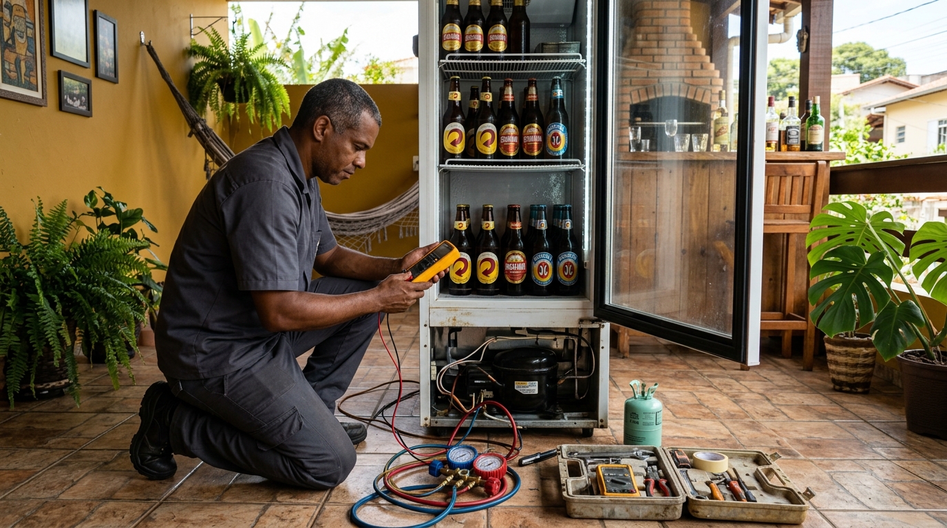 Técnico fazendo conserto de cervejeira na Muribeca, Jaboatão dos Guararapes‑PE